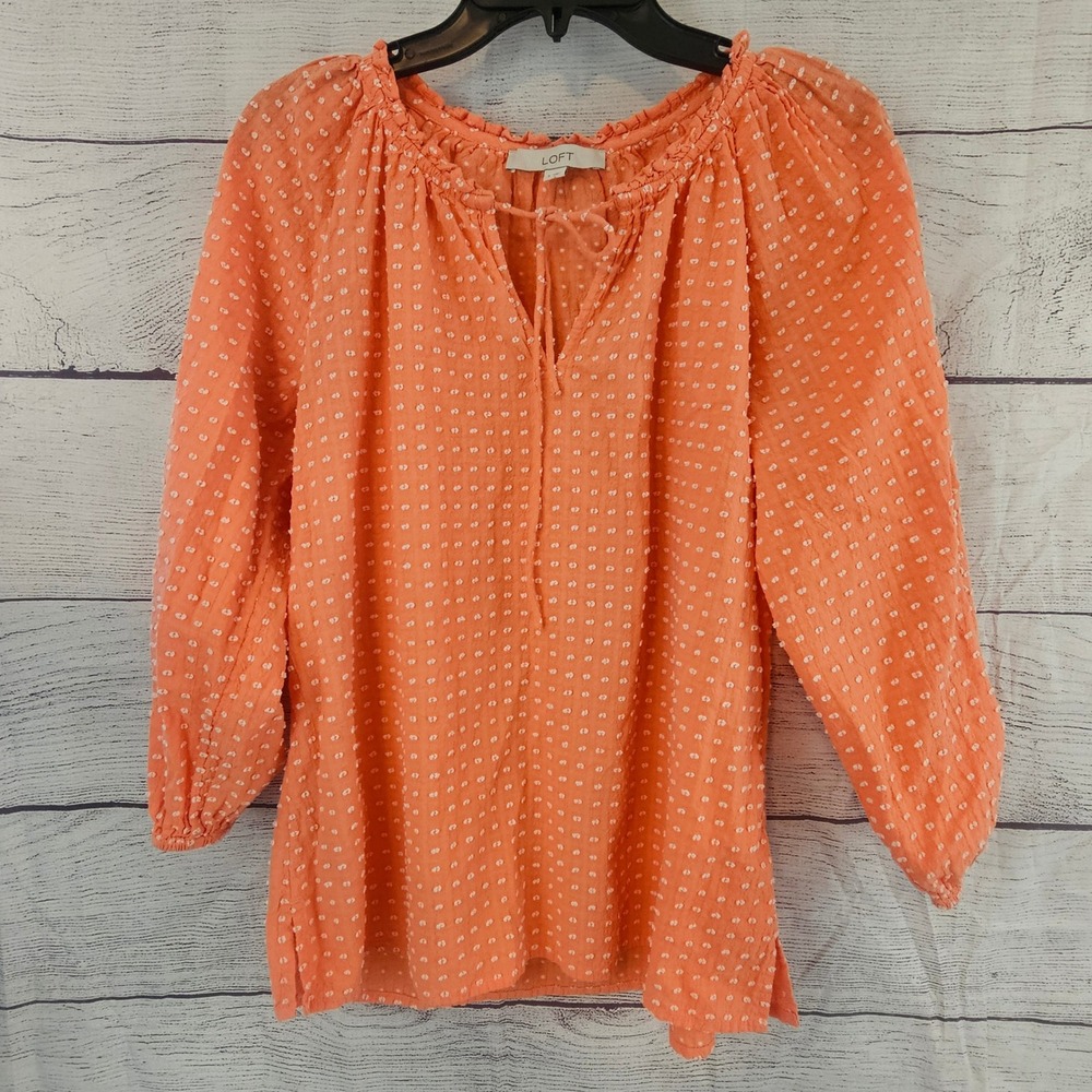 LOFT S Small Coral Swiss Dot 3/4 Sleeve Drawstring V-Neck Shirt L737
